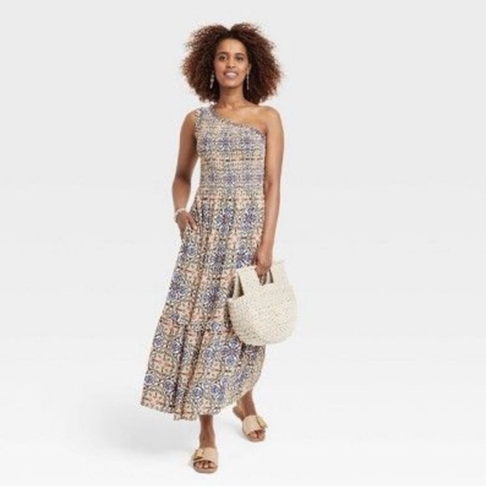 Knox Rose Womens Geometric Navy Cream Colorful One Shoulder Stretchy Maxi‎ Dress